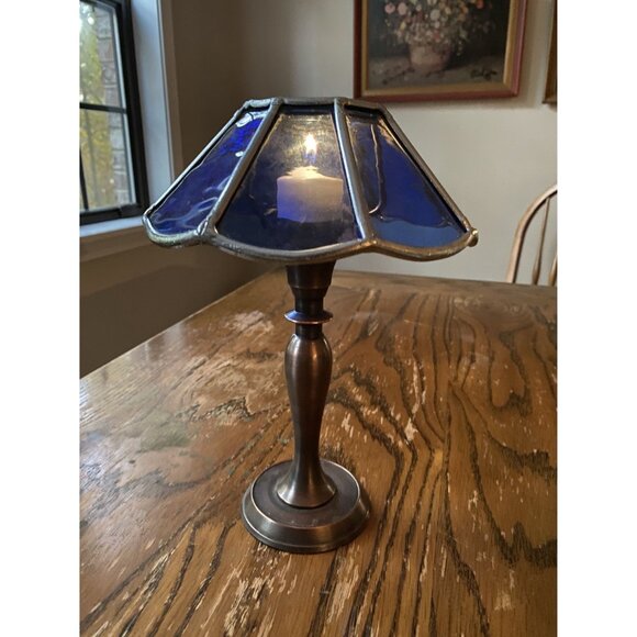 Handmade Stained Glass Blue Tealight Candle Lamp With Brass Base - Picture 6 of 7